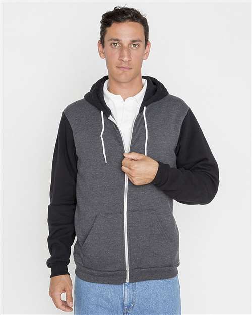 Los Angeles Apparel F97 USA-Made Flex Fleece Full-Zip Hooded Sweatshirt #color_Dark Heather Grey/ Black