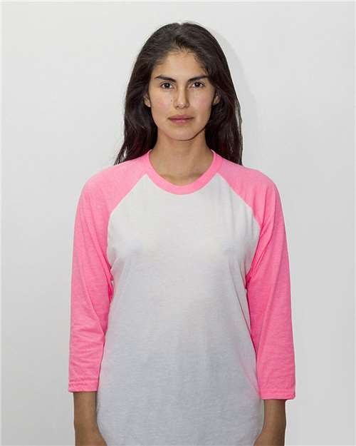 Los Angeles Apparel FF53 USA-Made Three Quarter Sleeve Raglan Baseball T-Shirt #color_White/ Neon Heather Pink