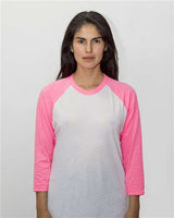 Los Angeles Apparel FF53 USA-Made Three Quarter Sleeve Raglan Baseball T-Shirt #color_White/ Neon Heather Pink