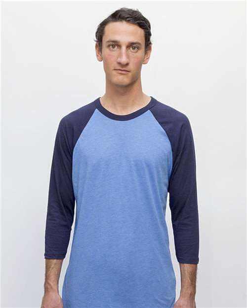Los Angeles Apparel FF53 USA-Made Three Quarter Sleeve Raglan Baseball T-Shirt #color_Heather Lake Blue/ Navy
