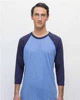 Los Angeles Apparel FF53 USA-Made Three Quarter Sleeve Raglan Baseball T-Shirt #color_Heather Lake Blue/ Navy