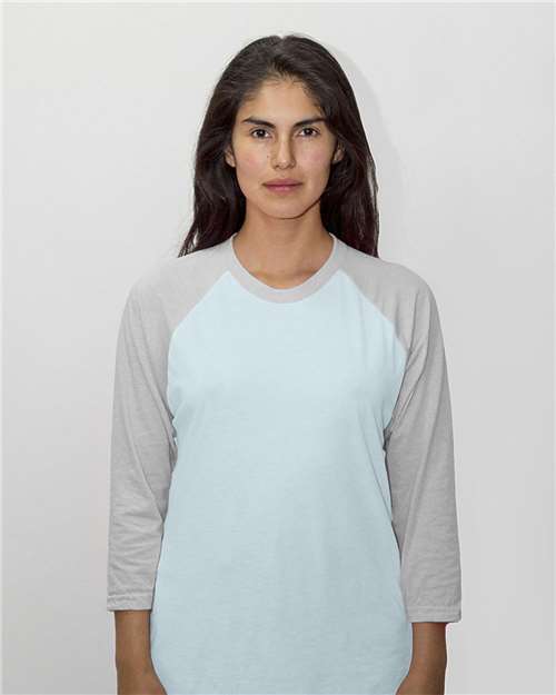 Los Angeles Apparel FF53 USA-Made Three Quarter Sleeve Raglan Baseball T-Shirt #color_Light Blue/ Heather Grey