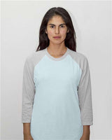 Los Angeles Apparel FF53 USA-Made Three Quarter Sleeve Raglan Baseball T-Shirt #color_Light Blue/ Heather Grey