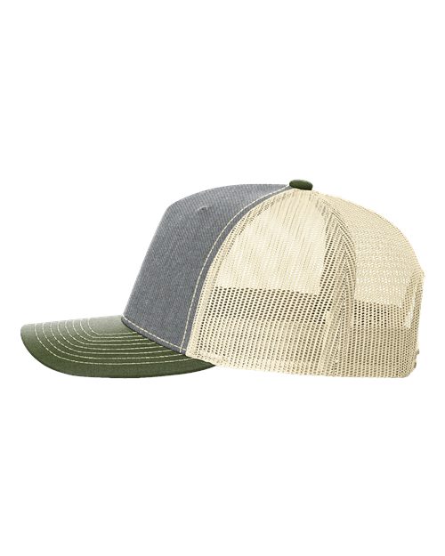 Richardson 112FP Five-Panel Trucker Cap #color_Heather Grey/ Birch/ Army Olive