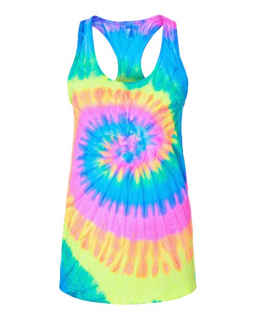 Colortone 3400 Women's Tie-Dyed Racerback Tank Top #color_Neon Rainbow