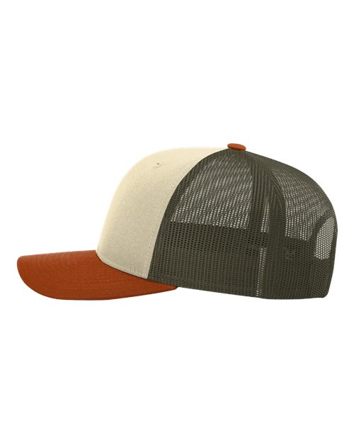 Richardson 115 Low Pro Trucker Cap #color_Cream/ Loden Green/ Dark Orange
