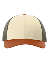 Richardson 115 Low Pro Trucker Cap #color_Cream/ Loden Green/ Dark Orange