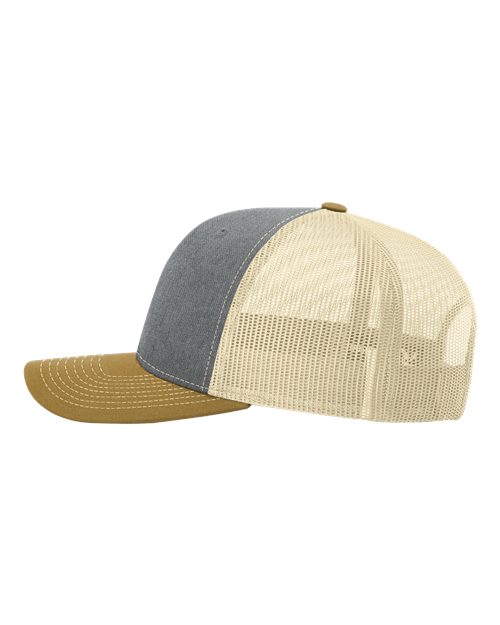 Richardson 112 Snapback Trucker Cap #color_Heather Grey/ Birch/ Amber Gold