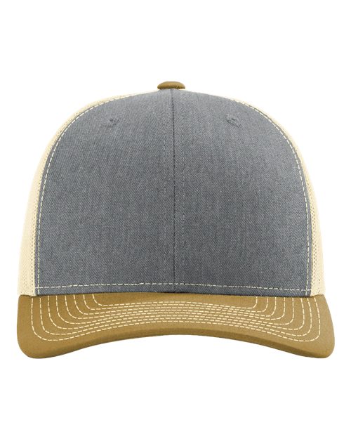 Richardson 112 Snapback Trucker Cap #color_Heather Grey/ Birch/ Amber Gold