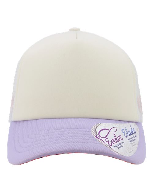 Infinity Her ROSIE Women's Foam Trucker Cap #color_Ivory/ Lavender/ White/ Smiley