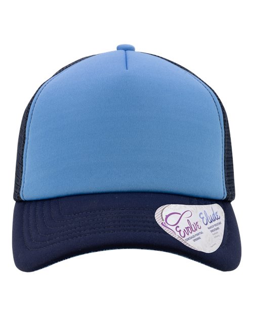Infinity Her ROSIE Women's Foam Trucker Cap #color_Light Blue/ Navy/ Navy/ Graffiti