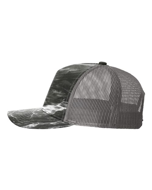 Richardson 112PFP Five-Panel Printed Trucker Cap #color_Mossy Oak Elements Blacktip/ Charcoal