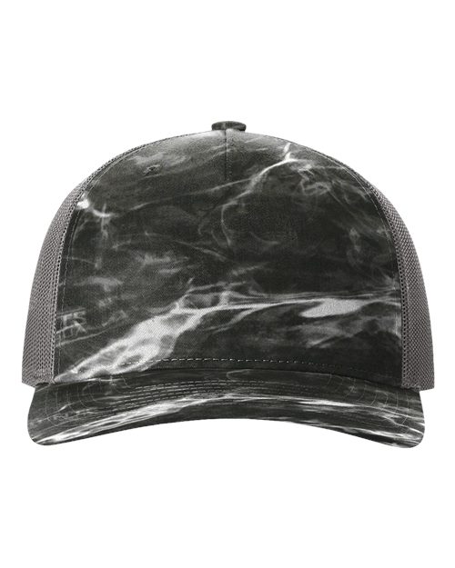 Richardson 112PFP Five-Panel Printed Trucker Cap #color_Mossy Oak Elements Blacktip/ Charcoal