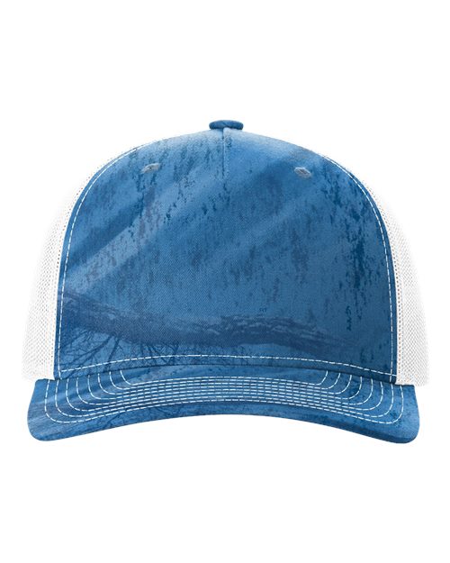 Richardson 112PFP Five-Panel Printed Trucker Cap #color_Realtree Fishing Light Blue/ White