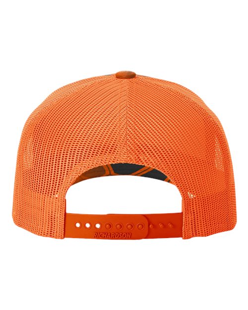 Richardson 112PFP Five-Panel Printed Trucker Cap #color_Kryptek Inferno/ Blaze Orange