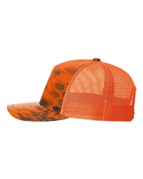 Richardson 112PFP Five-Panel Printed Trucker Cap #color_Kryptek Inferno/ Blaze Orange
