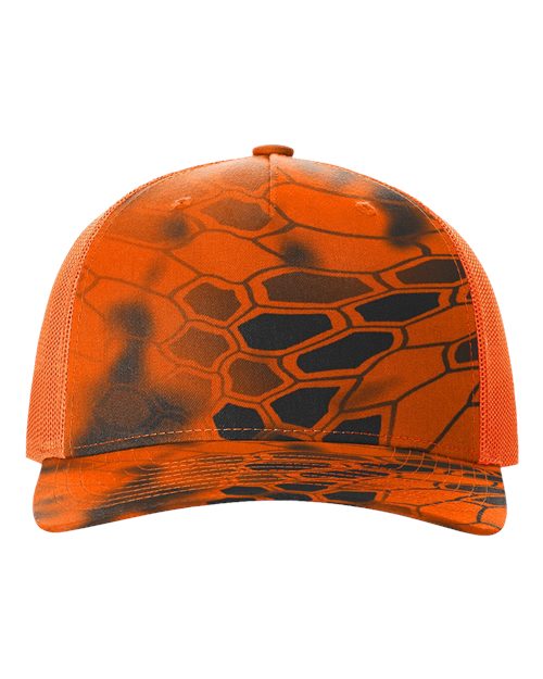 Richardson 112PFP Five-Panel Printed Trucker Cap #color_Kryptek Inferno/ Blaze Orange
