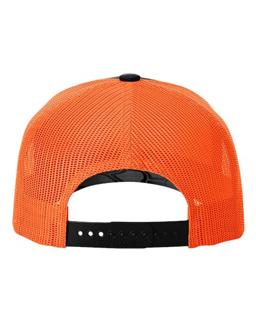 Richardson 112PFP Five-Panel Printed Trucker Cap #color_Kryptek Typhon/ Neon Orange