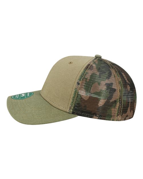 LEGACY MPS Mid-Pro Snapback Trucker Cap #color_Khaki/ Sage/ Camo Mesh