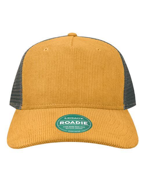 LEGACY ROADIE Five-Panel Trucker Cap #color_Mustard Corduroy/ Dark Grey