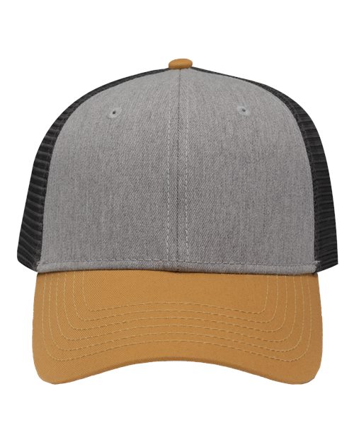 Sportsman SP1450 Traditional Lo-Pro Mesh Back Trucker Fit Cap #color_Heather Grey/ Charcoal/ Vegas Gold