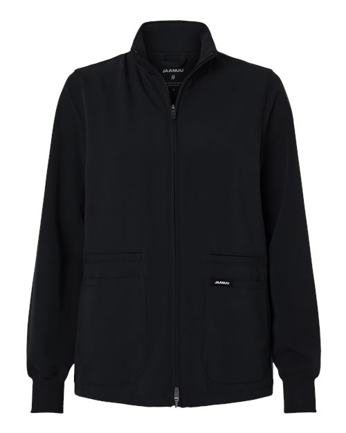 Jaanuu W60001 Women's Ceri Essential Full-Zip 6-Pocket Scrub Jacket #color_Black