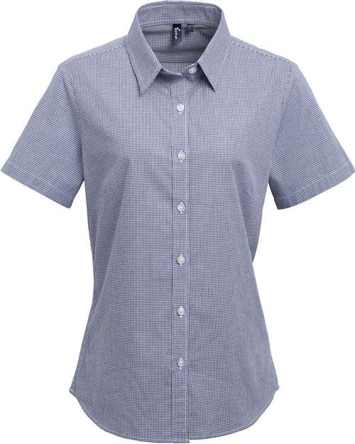 Artisan Collection by Reprime RP321 Ladies' Microcheck Gingham Short-Sleeve Cotton Shirt #color_NAVY/ WHITE