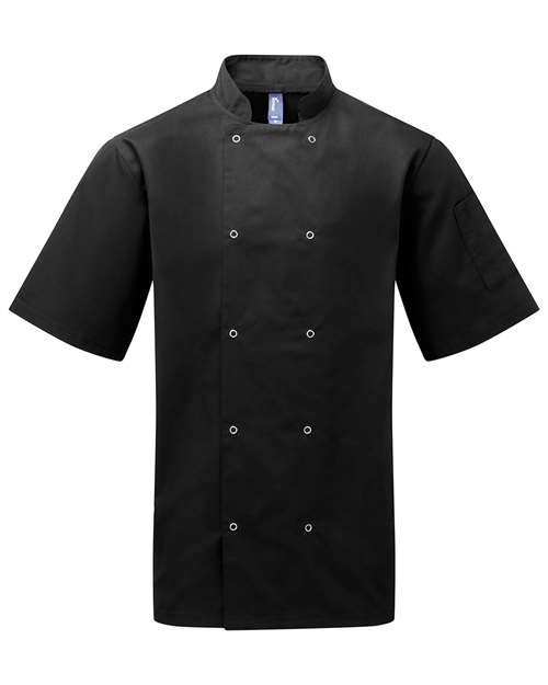 Artisan Collection by Reprime RP664 Unisex Studded Front Short-Sleeve Chef's Coat #color_BLACK