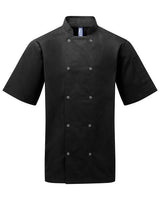 Artisan Collection by Reprime RP664 Unisex Studded Front Short-Sleeve Chef's Coat #color_BLACK