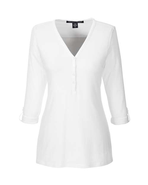 Devon & Jones DP186W Ladies' Perfect Fit Y-Placket Convertible Sleeve Knit Top #color_WHITE