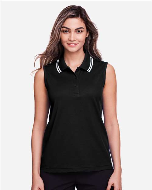 Devon & Jones DG20SW Ladies' CrownLux Performance Plaited Tipped Sleeveless Polo #color_BLACK/ WHITE