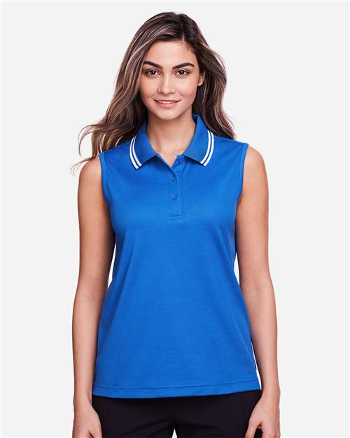 Devon & Jones DG20SW Ladies' CrownLux Performance Plaited Tipped Sleeveless Polo #color_FRENCH BLU/ WHT