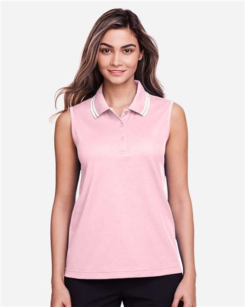 Devon & Jones DG20SW Ladies' CrownLux Performance Plaited Tipped Sleeveless Polo #color_PINK/ WHITE