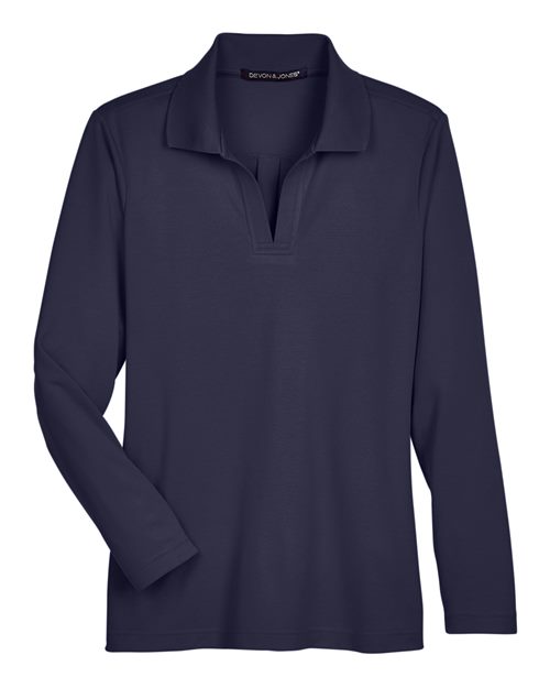 Devon & Jones DG20LW CrownLux Performance Ladies' Plaited Long Sleeve Polo #color_NAVY
