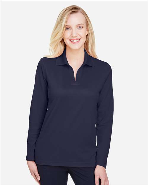 Devon & Jones DG20LW CrownLux Performance Ladies' Plaited Long Sleeve Polo #color_NAVY