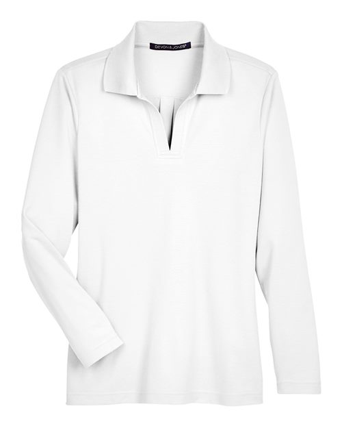 Devon & Jones DG20LW CrownLux Performance Ladies' Plaited Long Sleeve Polo #color_WHITE