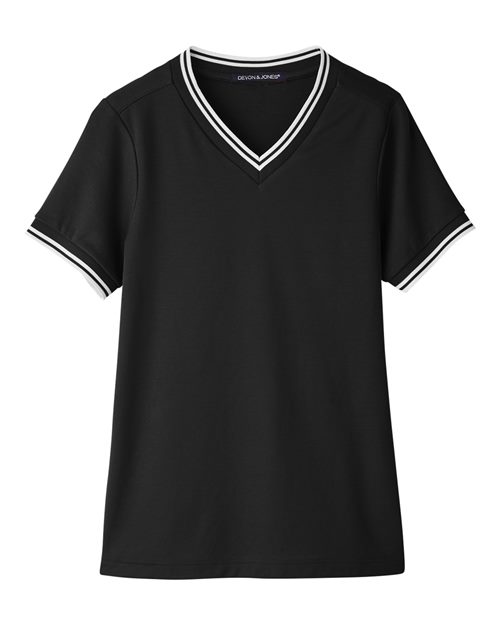 Devon & Jones DG20CW Ladies' CrownLux Performance Plaited Tipped V-Neck Polo #color_BLACK/ WHITE