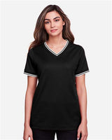 Devon & Jones DG20CW Ladies' CrownLux Performance Plaited Tipped V-Neck Polo #color_BLACK/ WHITE