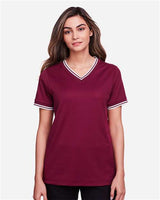Devon & Jones DG20CW Ladies' CrownLux Performance Plaited Tipped V-Neck Polo #color_BURGUNDY/ WHITE