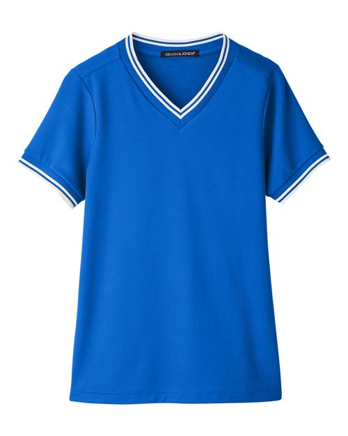 Devon & Jones DG20CW Ladies' CrownLux Performance Plaited Tipped V-Neck Polo #color_FRENCH BLU/ WHT