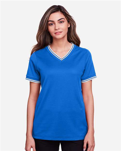 Devon & Jones DG20CW Ladies' CrownLux Performance Plaited Tipped V-Neck Polo #color_FRENCH BLU/ WHT