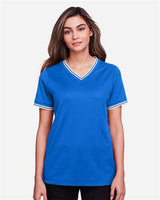 Devon & Jones DG20CW Ladies' CrownLux Performance Plaited Tipped V-Neck Polo #color_FRENCH BLU/ WHT