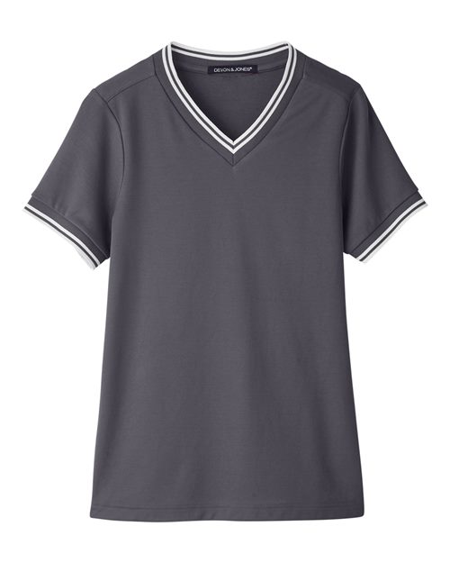 Devon & Jones DG20CW Ladies' CrownLux Performance Plaited Tipped V-Neck Polo #color_GRAPHITE/ WHITE