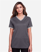 Devon & Jones DG20CW Ladies' CrownLux Performance Plaited Tipped V-Neck Polo #color_GRAPHITE/ WHITE