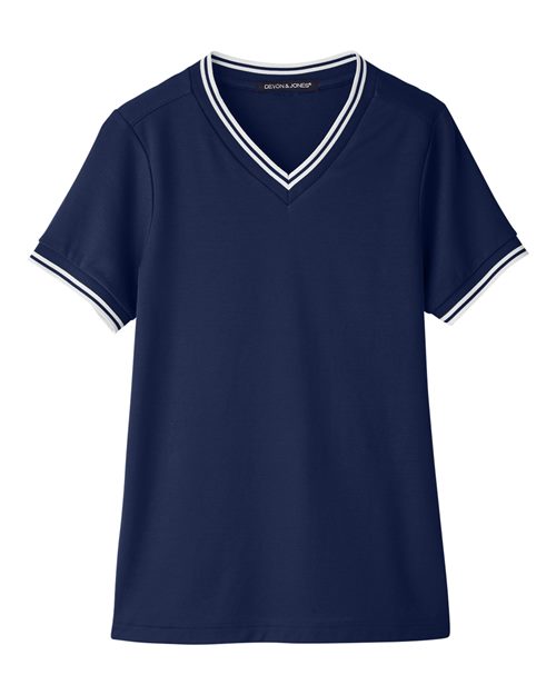 Devon & Jones DG20CW Ladies' CrownLux Performance Plaited Tipped V-Neck Polo #color_NAVY/ WHITE