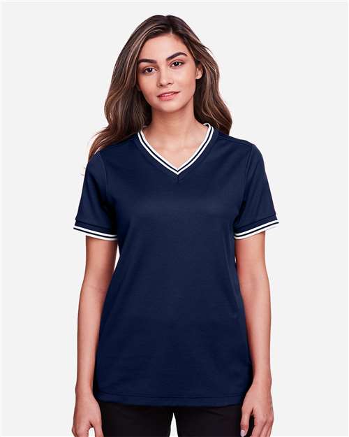 Devon & Jones DG20CW Ladies' CrownLux Performance Plaited Tipped V-Neck Polo #color_NAVY/ WHITE