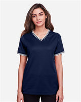 Devon & Jones DG20CW Ladies' CrownLux Performance Plaited Tipped V-Neck Polo #color_NAVY/ WHITE