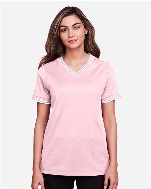 Devon & Jones DG20CW Ladies' CrownLux Performance Plaited Tipped V-Neck Polo #color_PINK/ WHITE