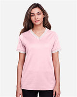 Devon & Jones DG20CW Ladies' CrownLux Performance Plaited Tipped V-Neck Polo #color_PINK/ WHITE