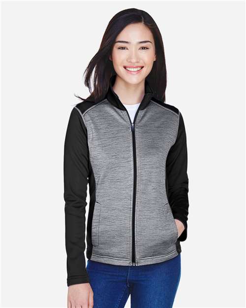 Devon & Jones DG796W Ladies' Newbury Colorblock Mlange Fleece Full-Zip #color_BLK HTH/ D GR HT